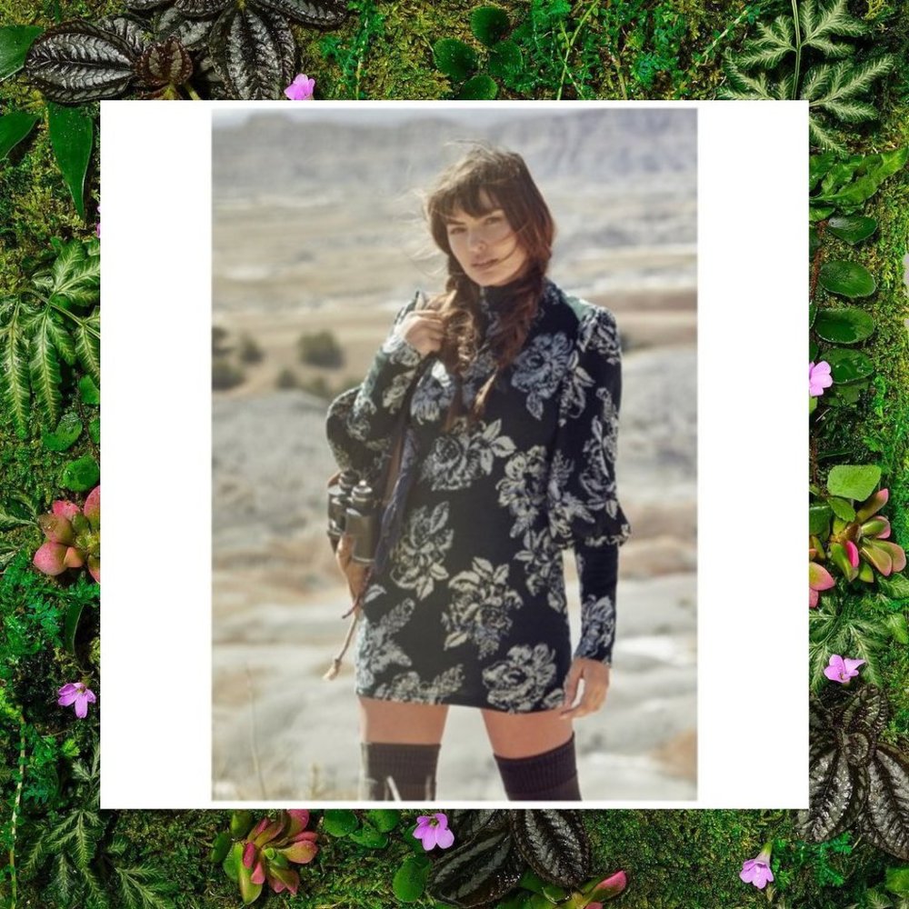 FREE PEOPLE Dress Long Sleeve Mini Sweater Wool Mock Neck Floral Boho Green XS - Picture 1 of 10